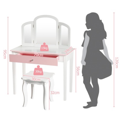 Ellegnt Kids Makeup Table Stool Set with Tri-folding Mirror for Bedroom