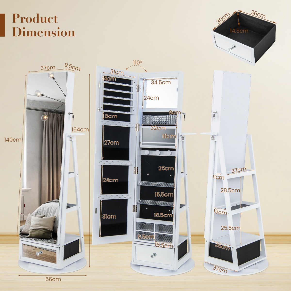 Ellegnt 360° Swivel Jewelry Cabinet with Full-Length Mirror