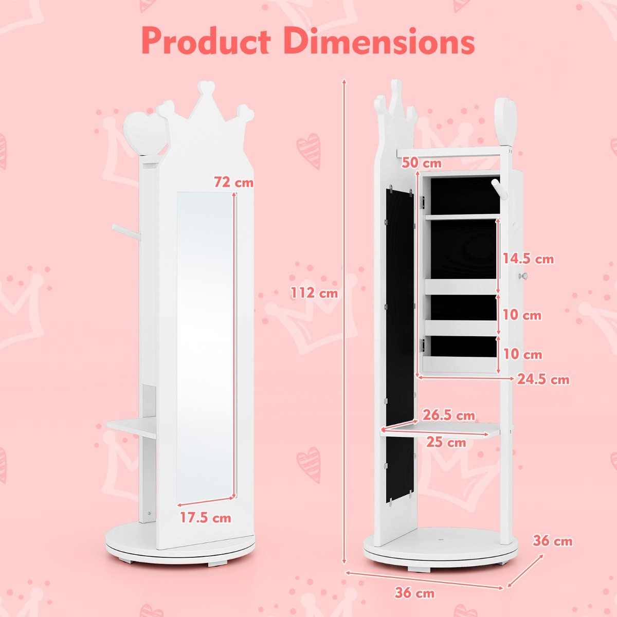 Ellegnt Kids Jewelry Cabinet 360-degree Rotating with Mirror and Clothes Rack