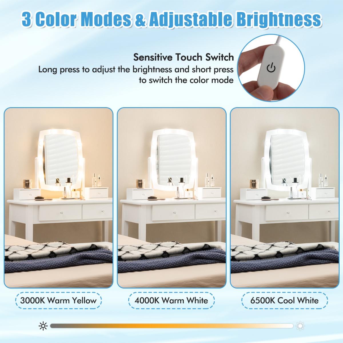 Ellegnt Dressing Table with 3-Colour Dimmable LED Lights