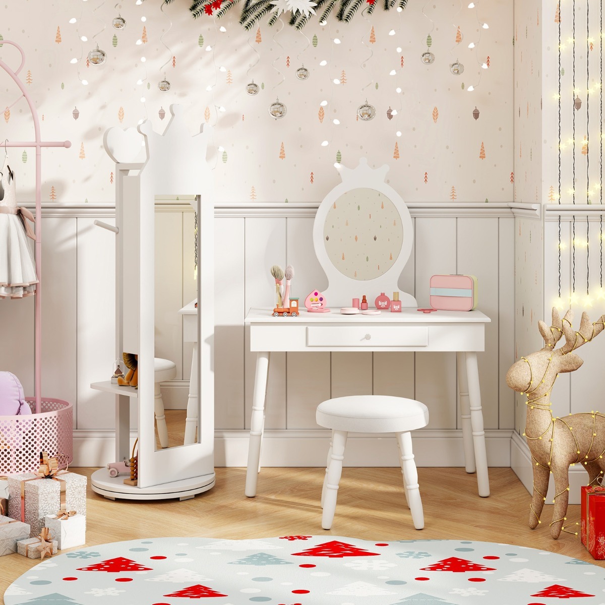 Ellegnt Kids Jewelry Cabinet 360-degree Rotating with Mirror and Clothes Rack