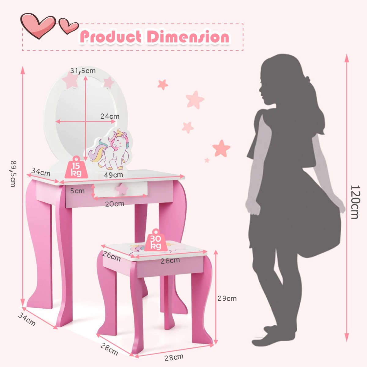 Ellegnt Kids Vanity Table and Chair Set with Mirror and Stool TOP 50 Bonus Trinkets Set