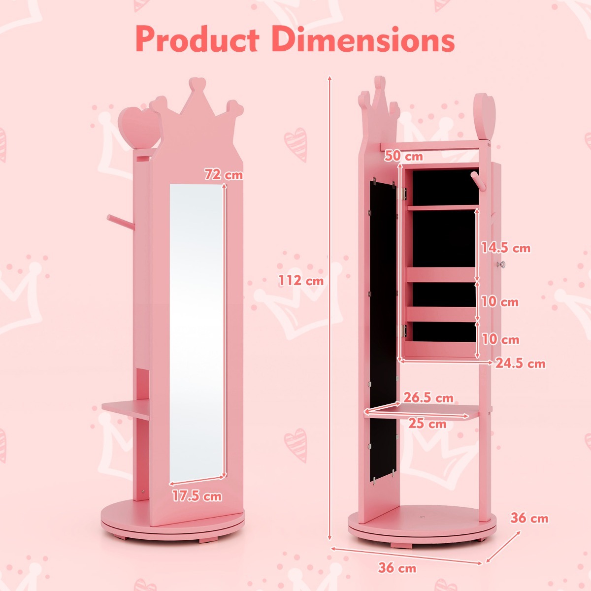 Ellegnt Kids Jewelry Cabinet 360-degree Rotating with Mirror and Clothes Rack