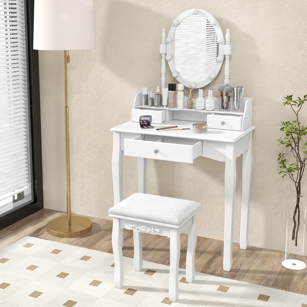 Ellegnt Vanity Table Set with Mirror and 3-Color Dimmable LED Lights