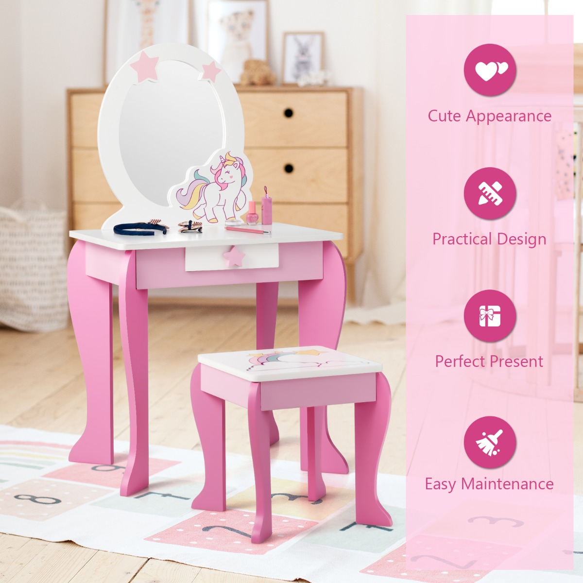 Ellegnt Kids Vanity Table and Chair Set with Mirror and Stool TOP 50 Bonus Trinkets Set