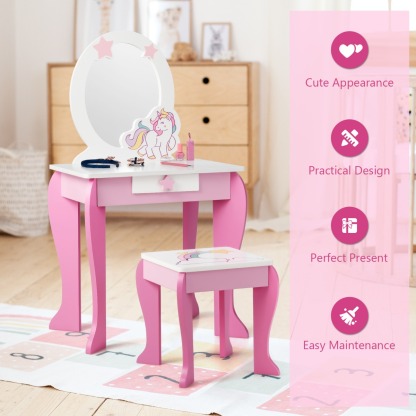 Ellegnt Kids Vanity Table and Chair Set with Mirror and Stool TOP 50 Bonus Trinkets Set