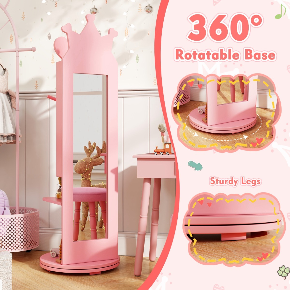 Ellegnt Kids Jewelry Cabinet 360-degree Rotating with Mirror and Clothes Rack