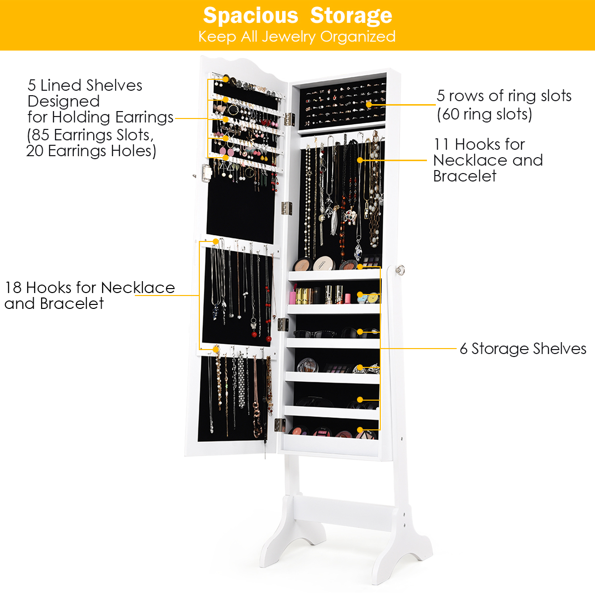Ellegnt Full-length Lockable Jewelry Storage Armoire with 4 Tilting Angles