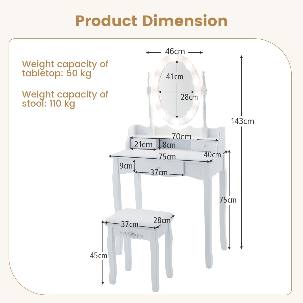 Ellegnt Vanity Table Set with Mirror and 3-Color Dimmable LED Lights