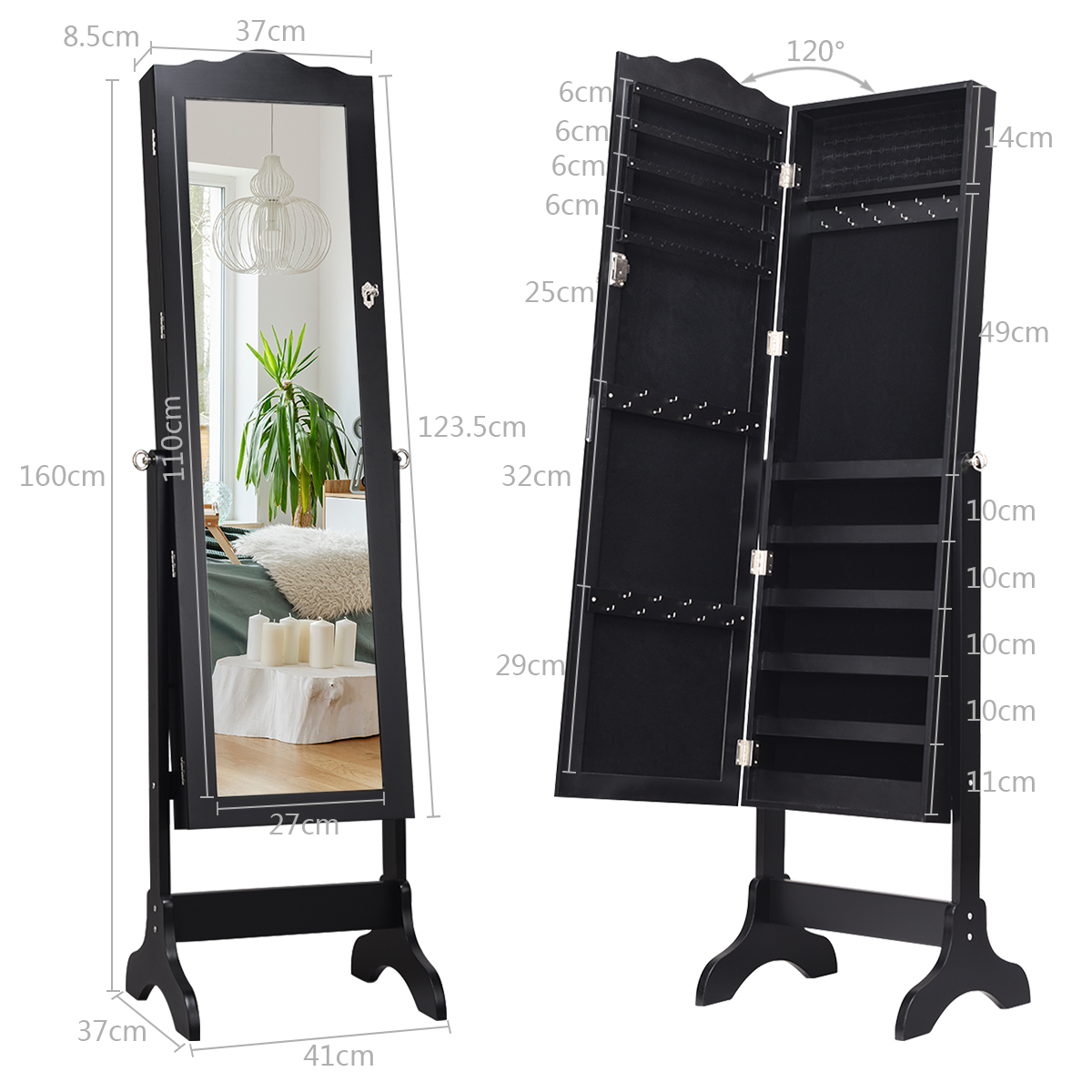 Ellegnt Full-length Lockable Jewelry Storage Armoire with 4 Tilting Angles