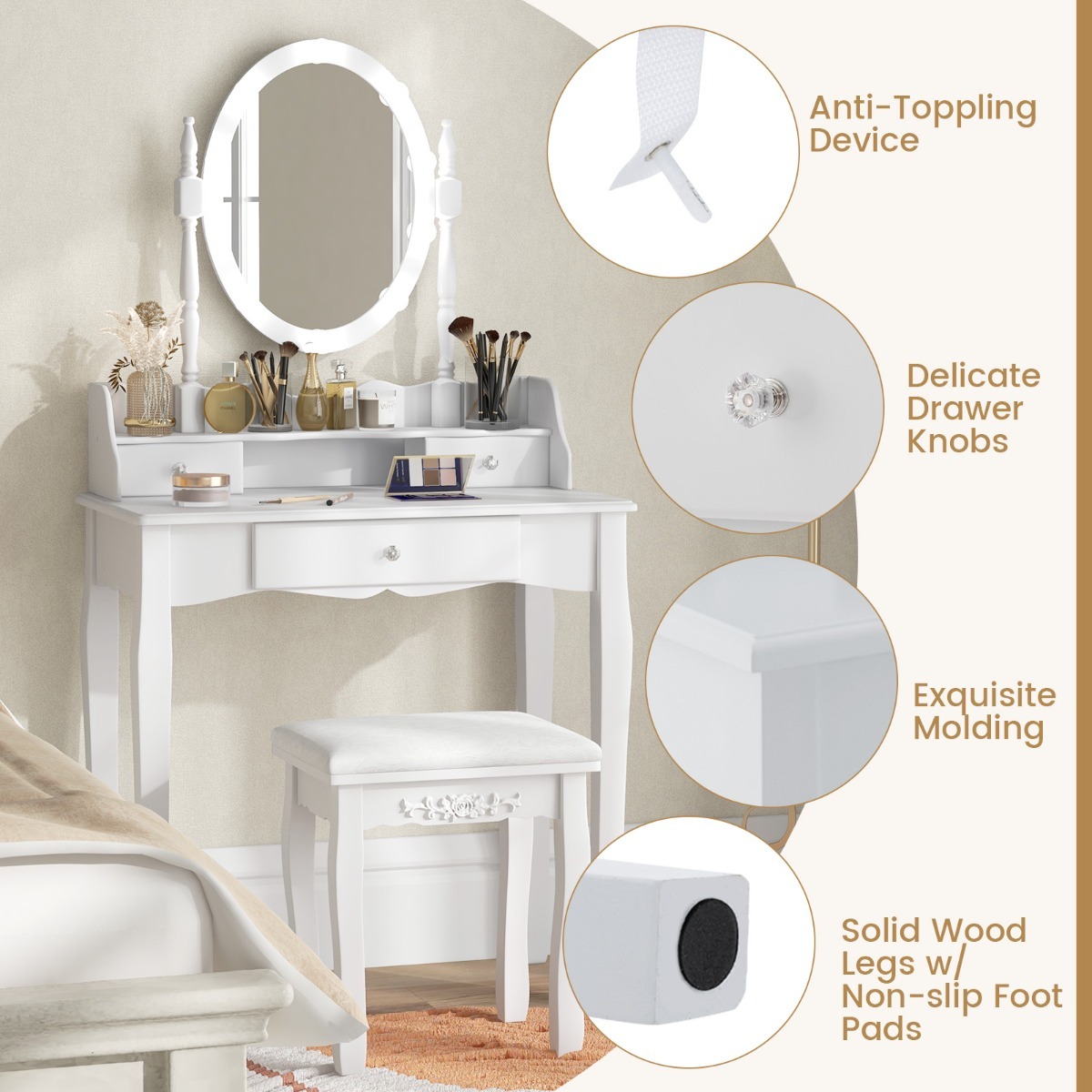 Ellegnt Vanity Table Set with Mirror and 3-Color Dimmable LED Lights