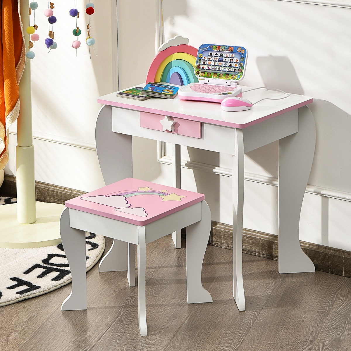 Ellegnt Kids Vanity Table and Chair Set with Mirror and Stool TOP 50 Bonus Trinkets Set