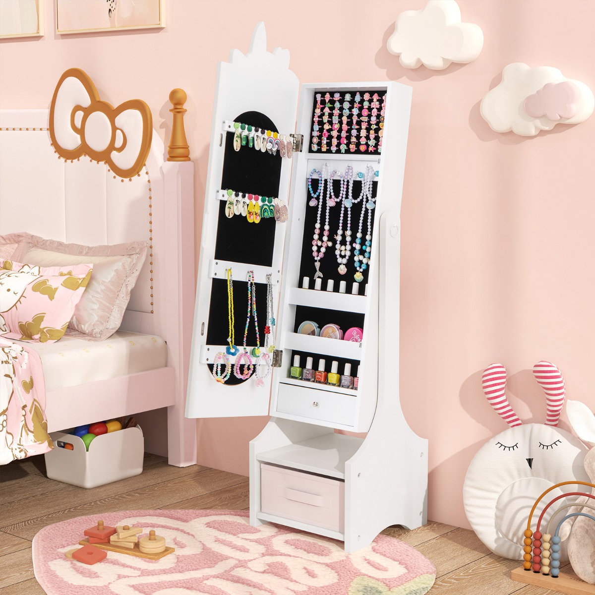Ellegnt Kids Jewelry Cabinet with Full-Length Mirror and Foldable Drawer
