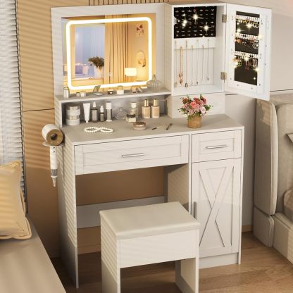 Ellegnt Makeup Vanity Desk Dressing Table and Stool Set with Mirror and Lights