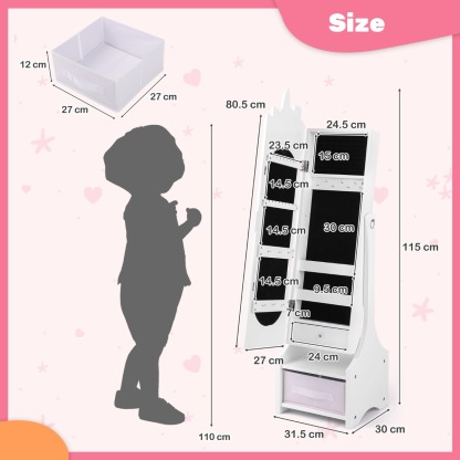 Ellegnt Kids Jewelry Cabinet with Full-Length Mirror and Foldable Drawer