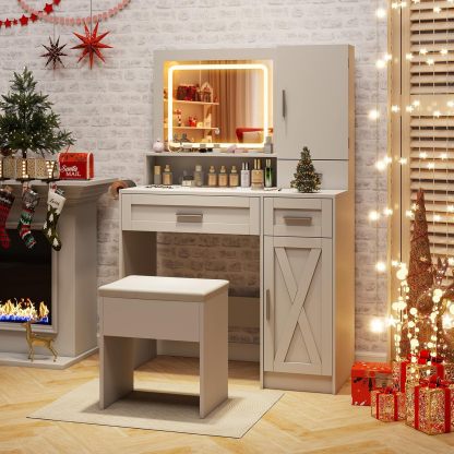 Ellegnt Makeup Vanity Desk Dressing Table and Stool Set with Mirror and Lights