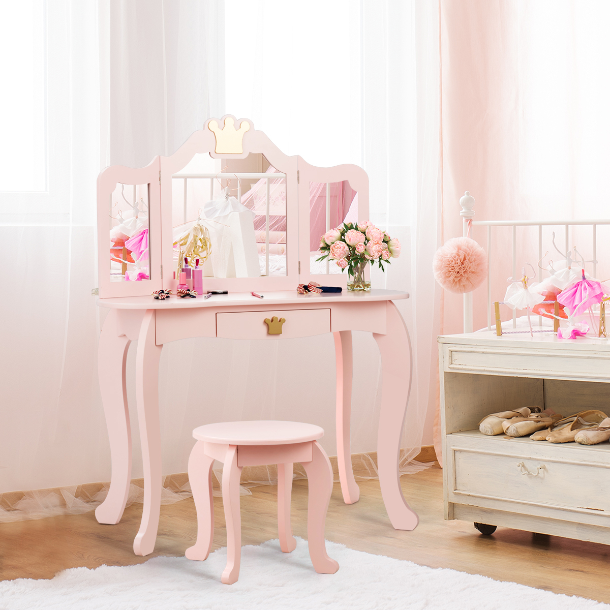 Ellegnt Kids Vanity Table and Chair Set with Mirror & Drawer