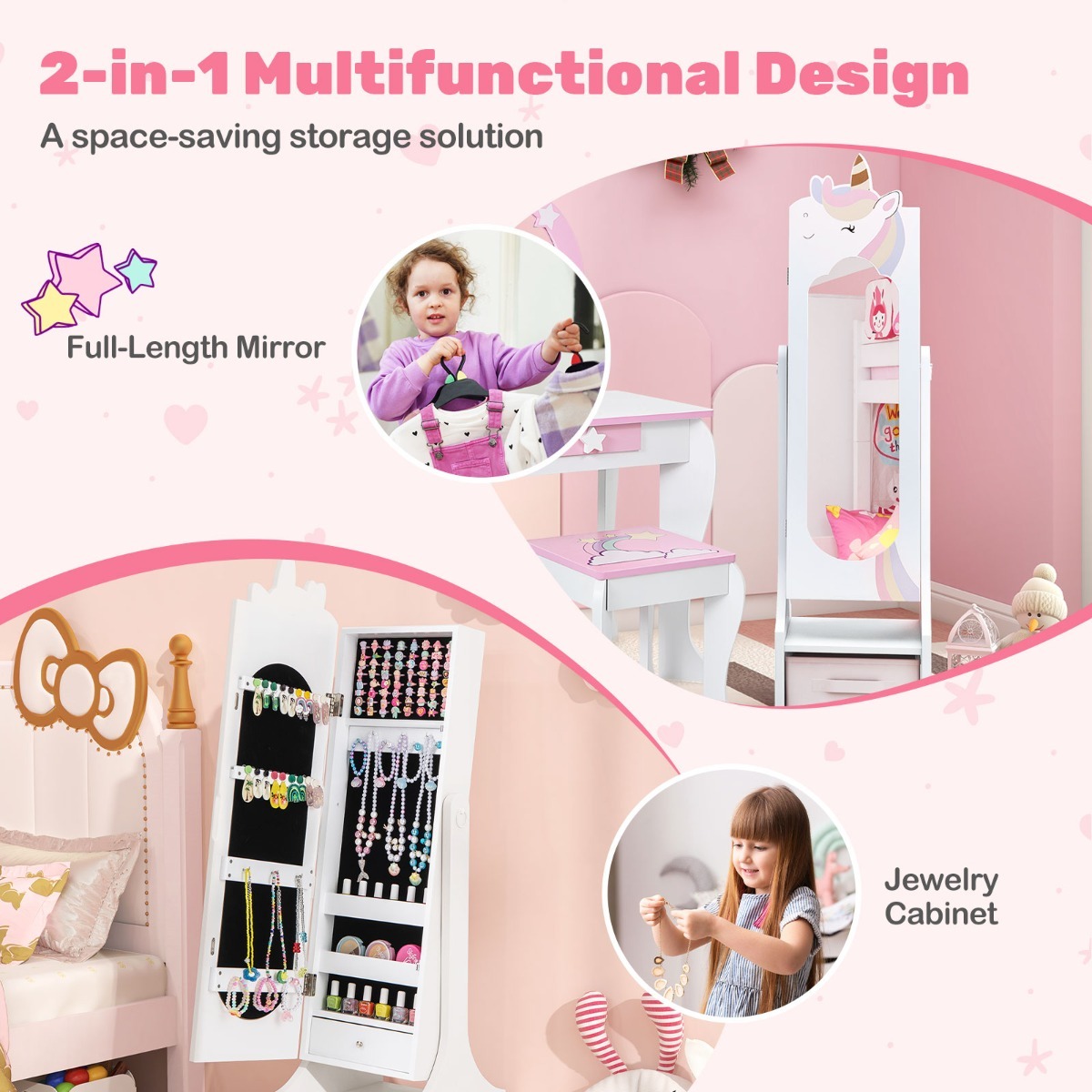 Ellegnt Kids Jewelry Cabinet with Full-Length Mirror and Foldable Drawer
