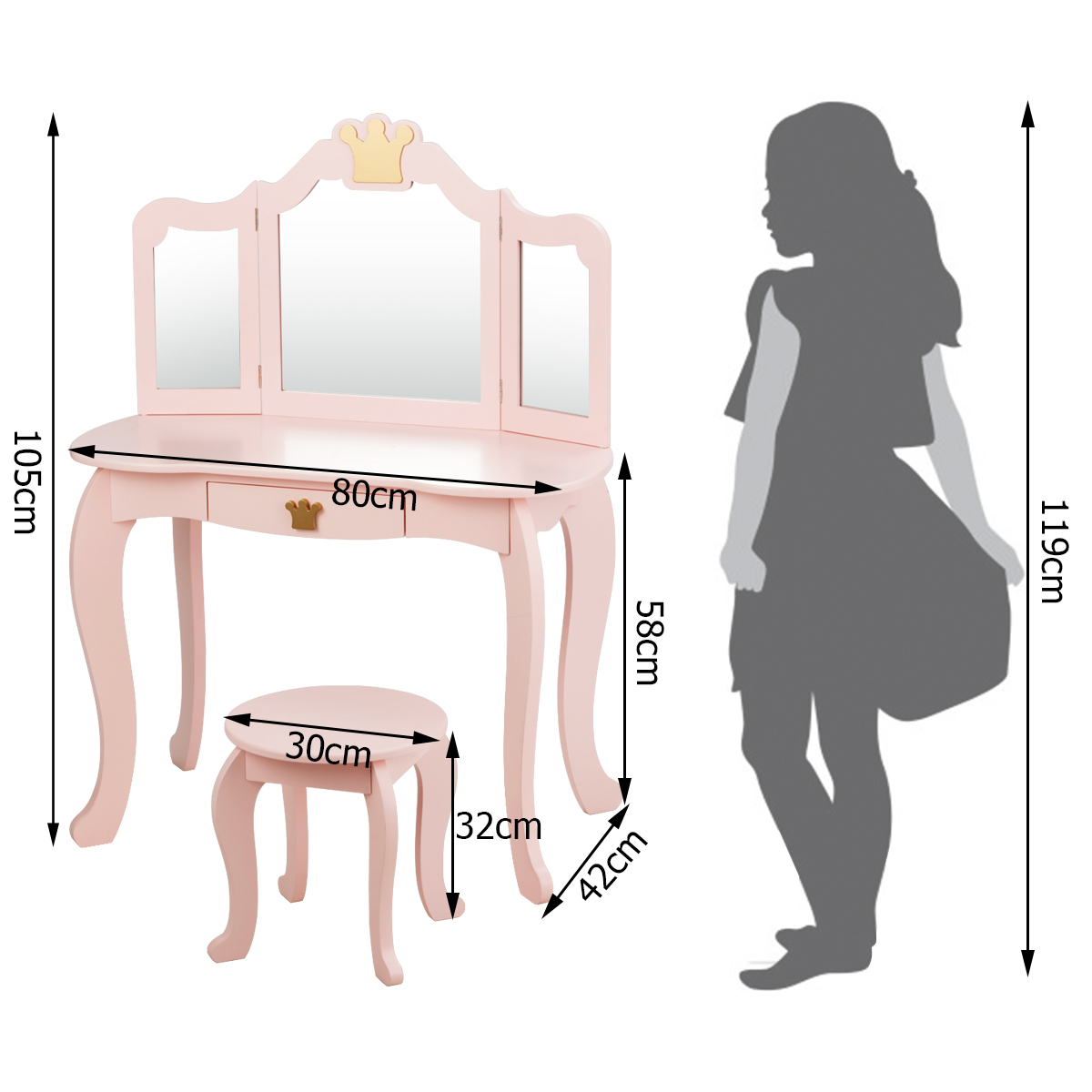 Ellegnt Kids Vanity Table and Chair Set with Mirror & Drawer