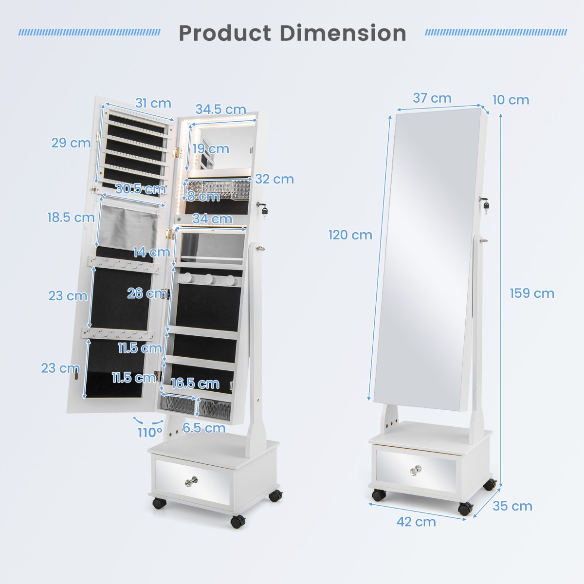 Ellegnt 159 CM Lockable Jewelry Organizer with 3-Color LED Lights