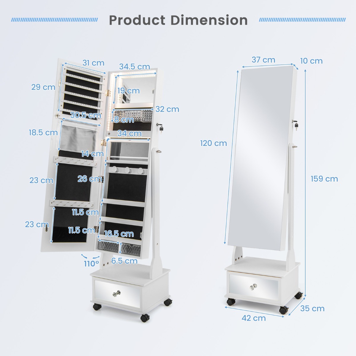 Ellegnt 159 CM Lockable Jewelry Organizer with 3-Color LED Lights