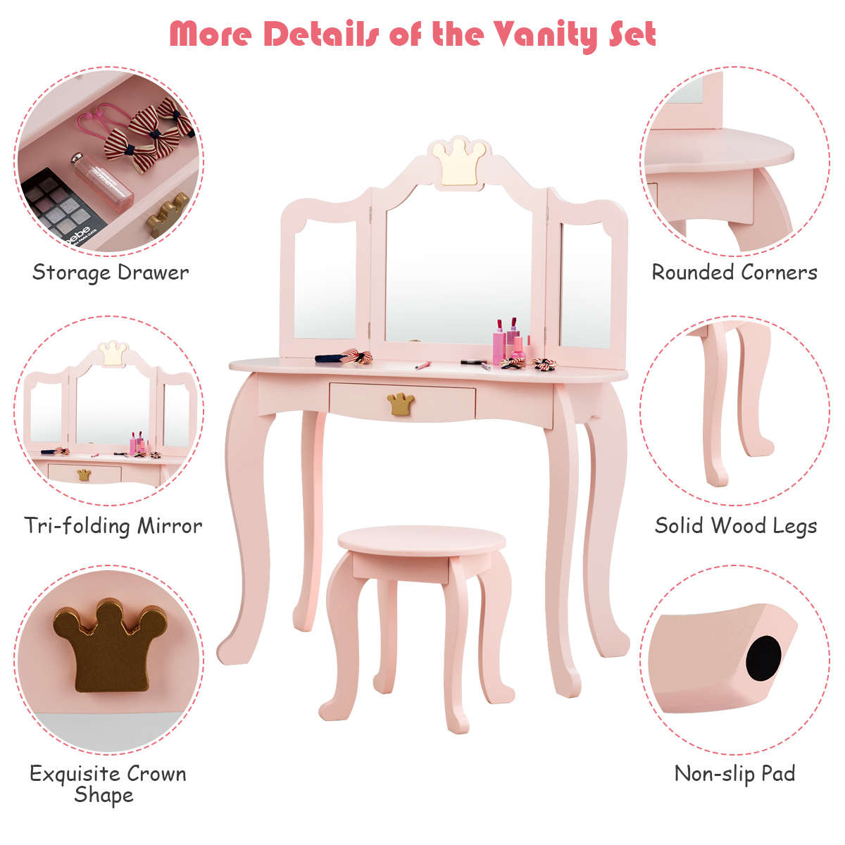 Ellegnt Kids Vanity Table and Chair Set with Mirror & Drawer