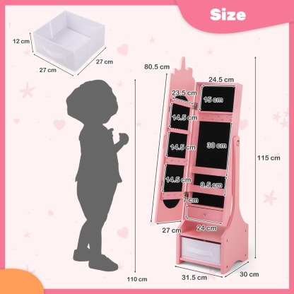 Ellegnt Kids Jewelry Cabinet with Full-Length Mirror and Foldable Drawer
