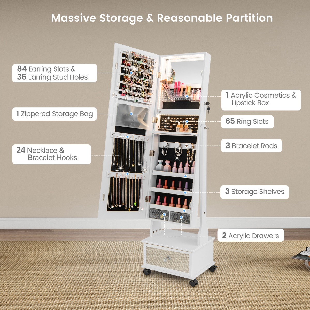 Ellegnt 159 CM Lockable Jewelry Organizer with 3-Color LED Lights