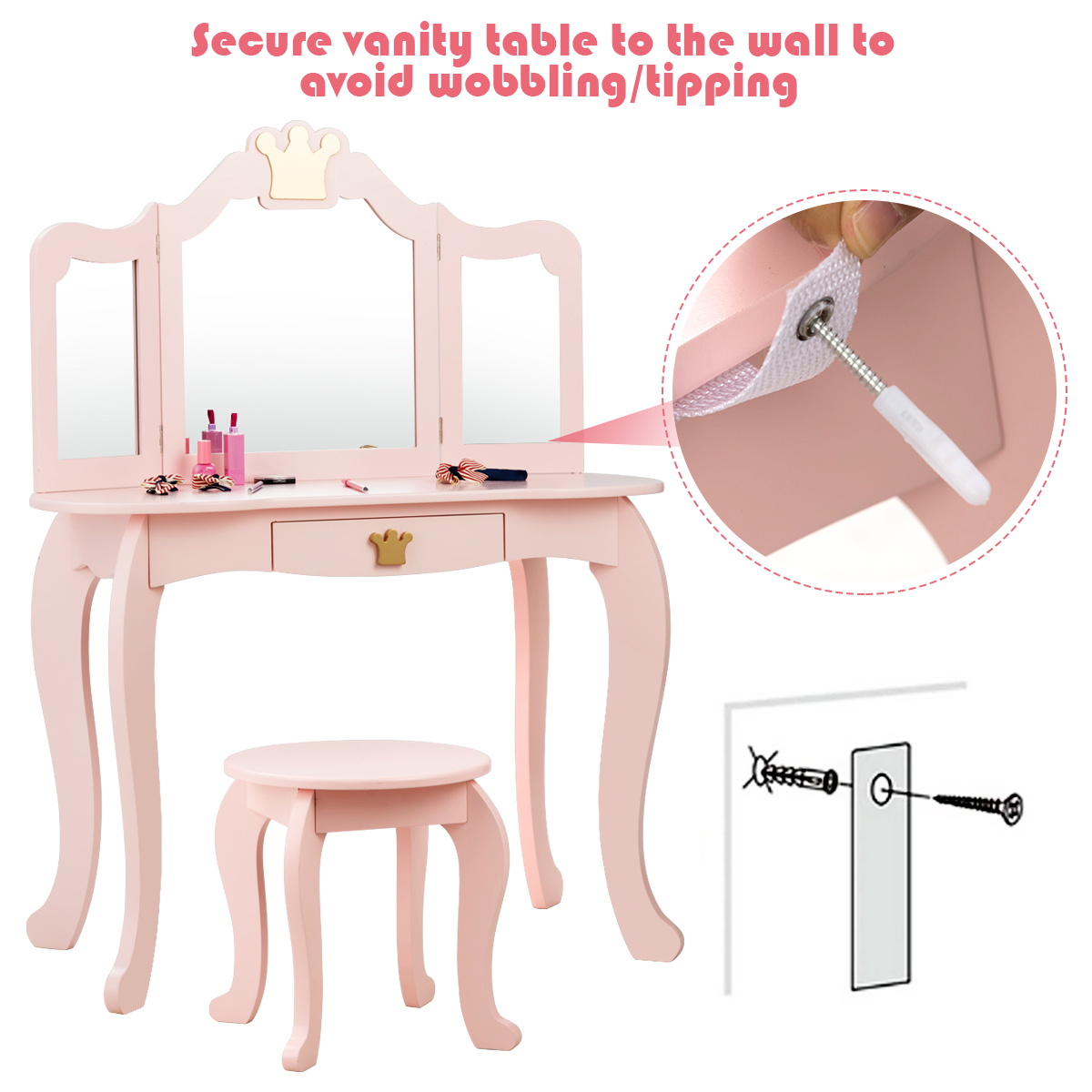 Ellegnt Kids Vanity Table and Chair Set with Mirror & Drawer