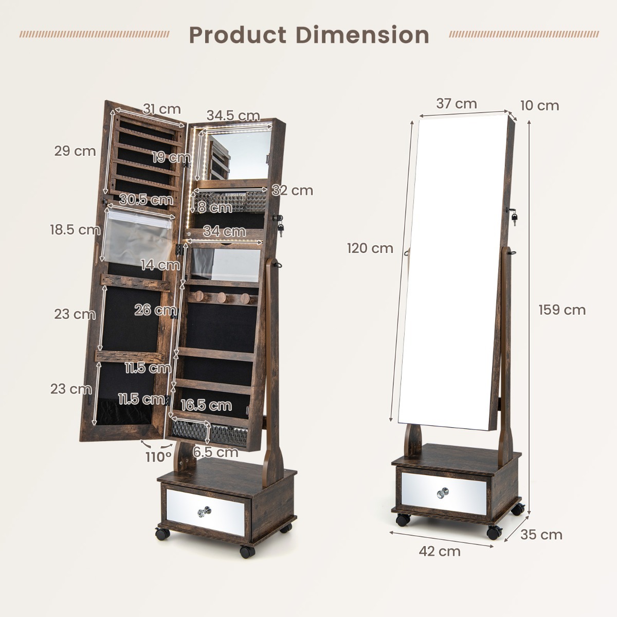 Ellegnt 159 CM Lockable Jewelry Organizer with 3-Color LED Lights