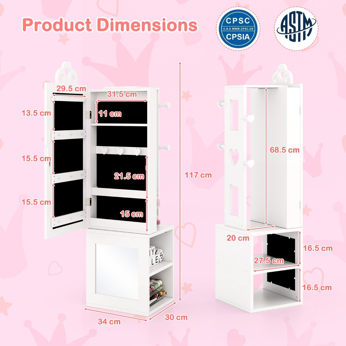 Ellegnt 3-in-1 Freestanding Kids Jewelry Cabinet Armoire with Full Length Mirror