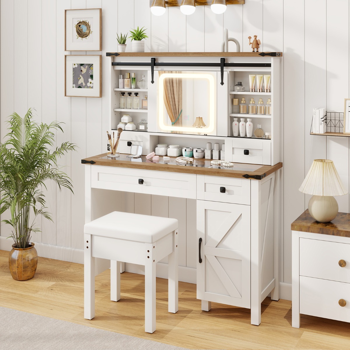 Ellegnt Farmhouse Makeup Vanity Desk with Mirror and Lights