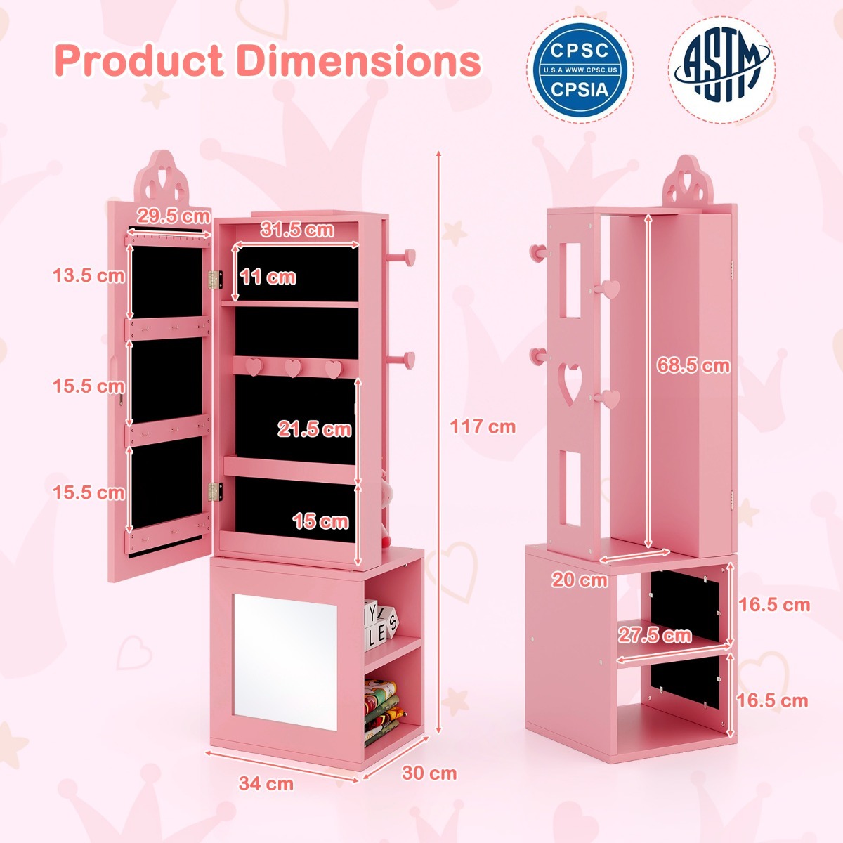 Ellegnt 3-in-1 Freestanding Kids Jewelry Cabinet Armoire with Full Length Mirror
