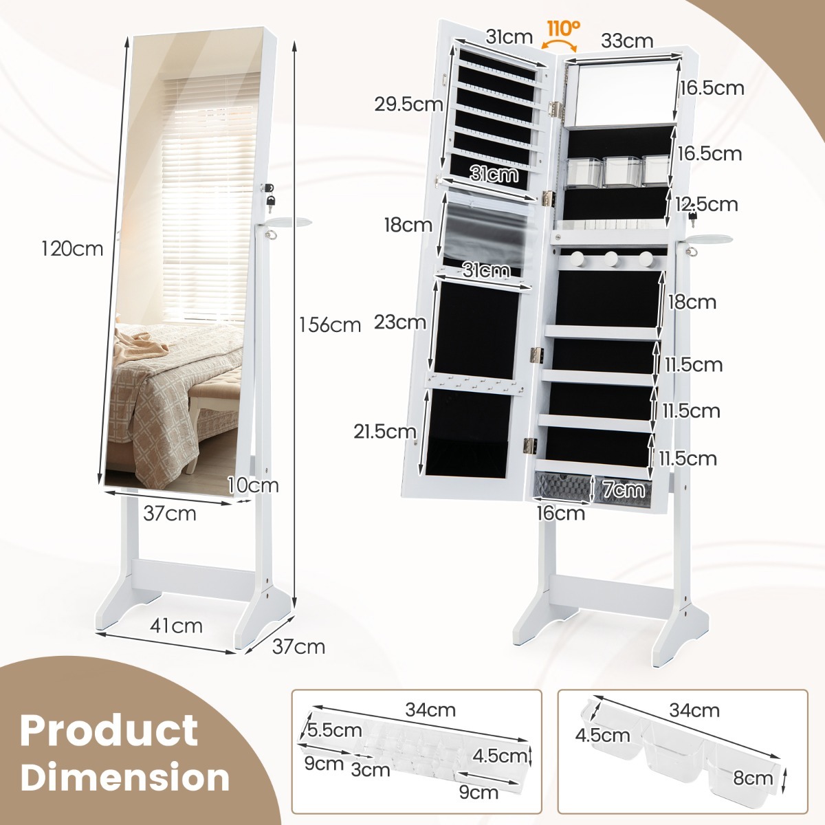 Ellegnt Freestanding Jewelry Cabinet Armoire Lockable Jewelry Organizer