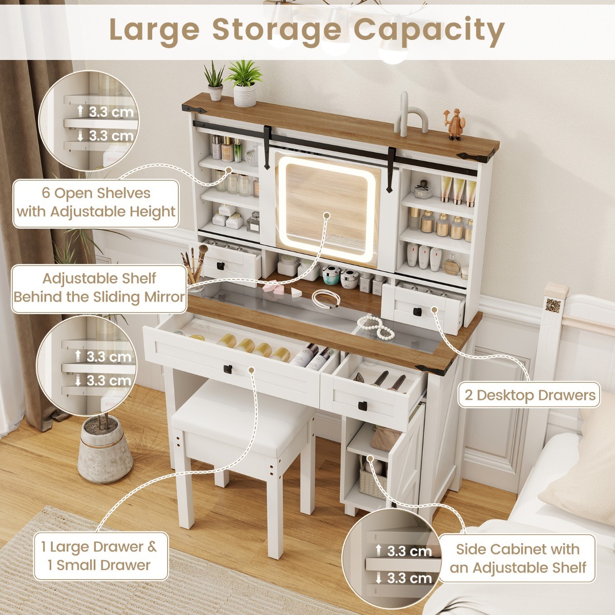 Ellegnt Farmhouse Makeup Vanity Desk with Mirror and Lights