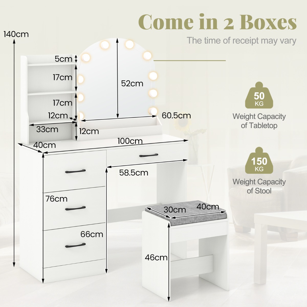 Ellegnt Makeup Vanity Desk with Mirror and Lights Dressing Table