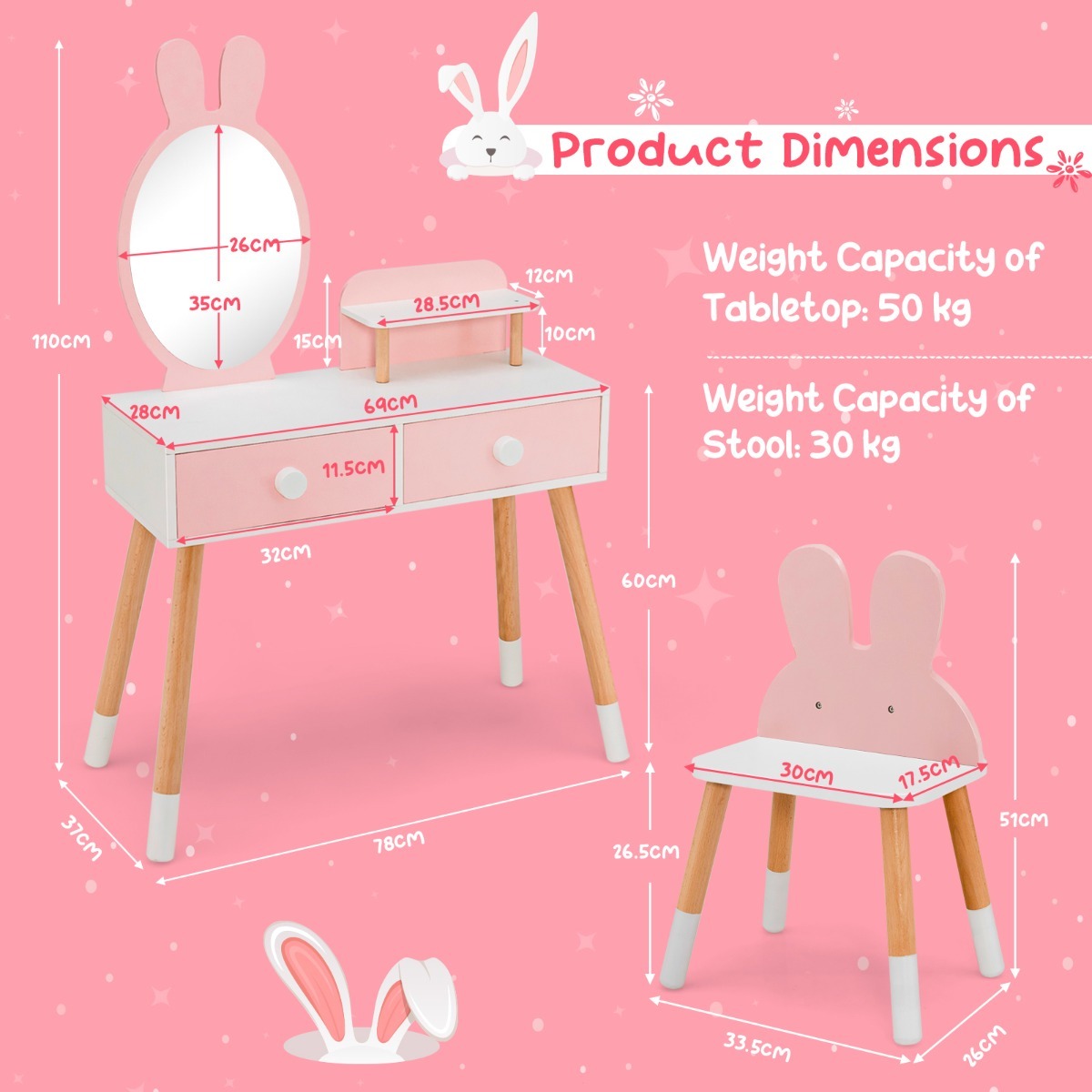 Ellegnt 2-in-1 Princess Makeup Dressing Desk with Mirror