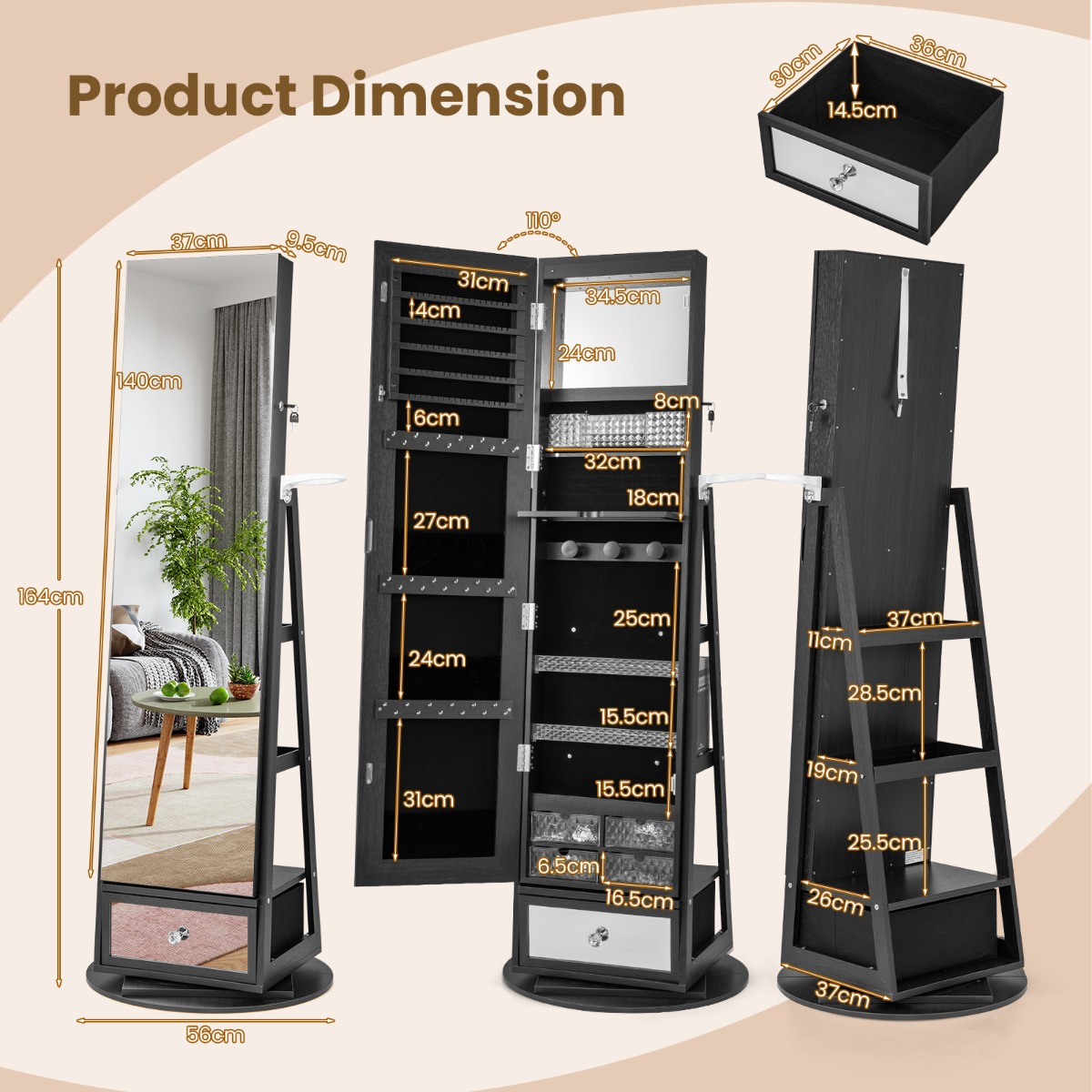 Ellegnt 360° Swivel Jewelry Cabinet with Full-Length Mirror
