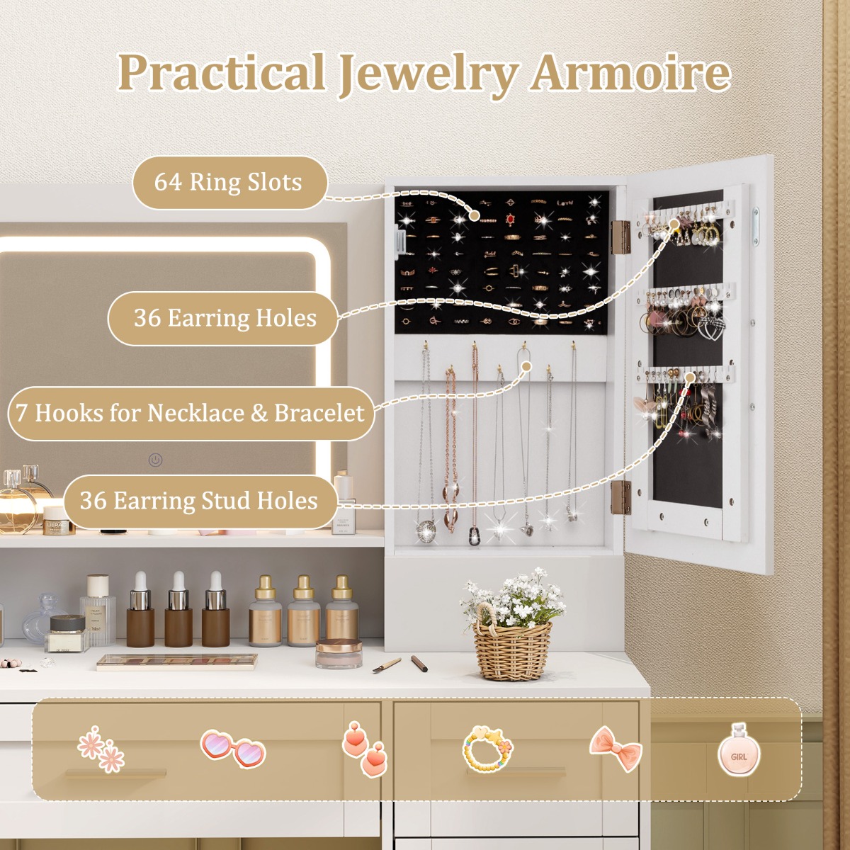 Ellegnt Makeup Vanity Desk Dressing Table and Stool Set with Mirror and Lights