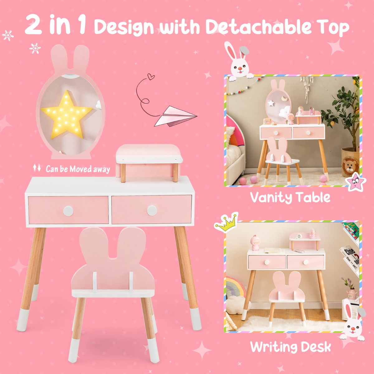 Ellegnt 2-in-1 Princess Makeup Dressing Desk with Mirror