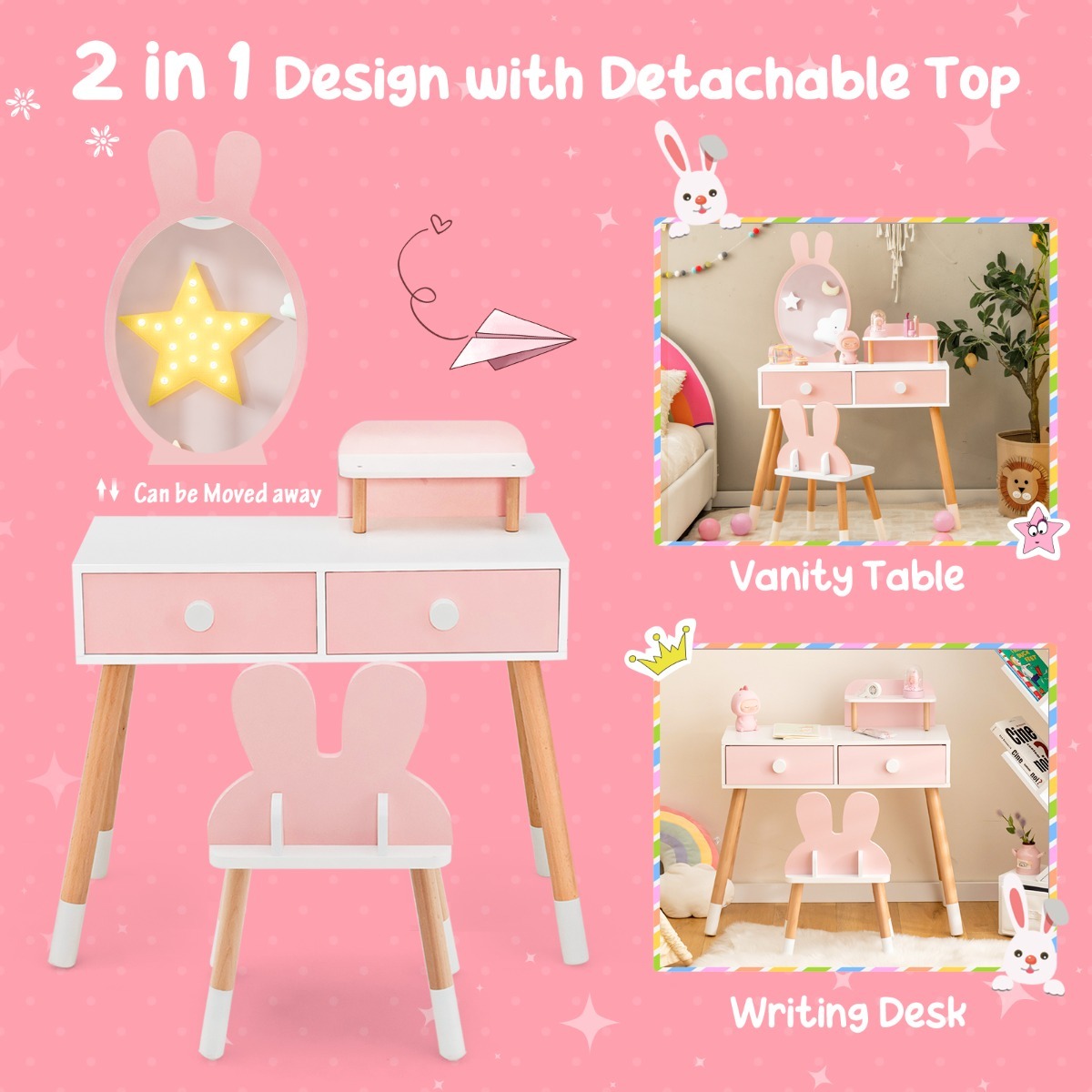 Ellegnt 2-in-1 Princess Makeup Dressing Desk with Mirror