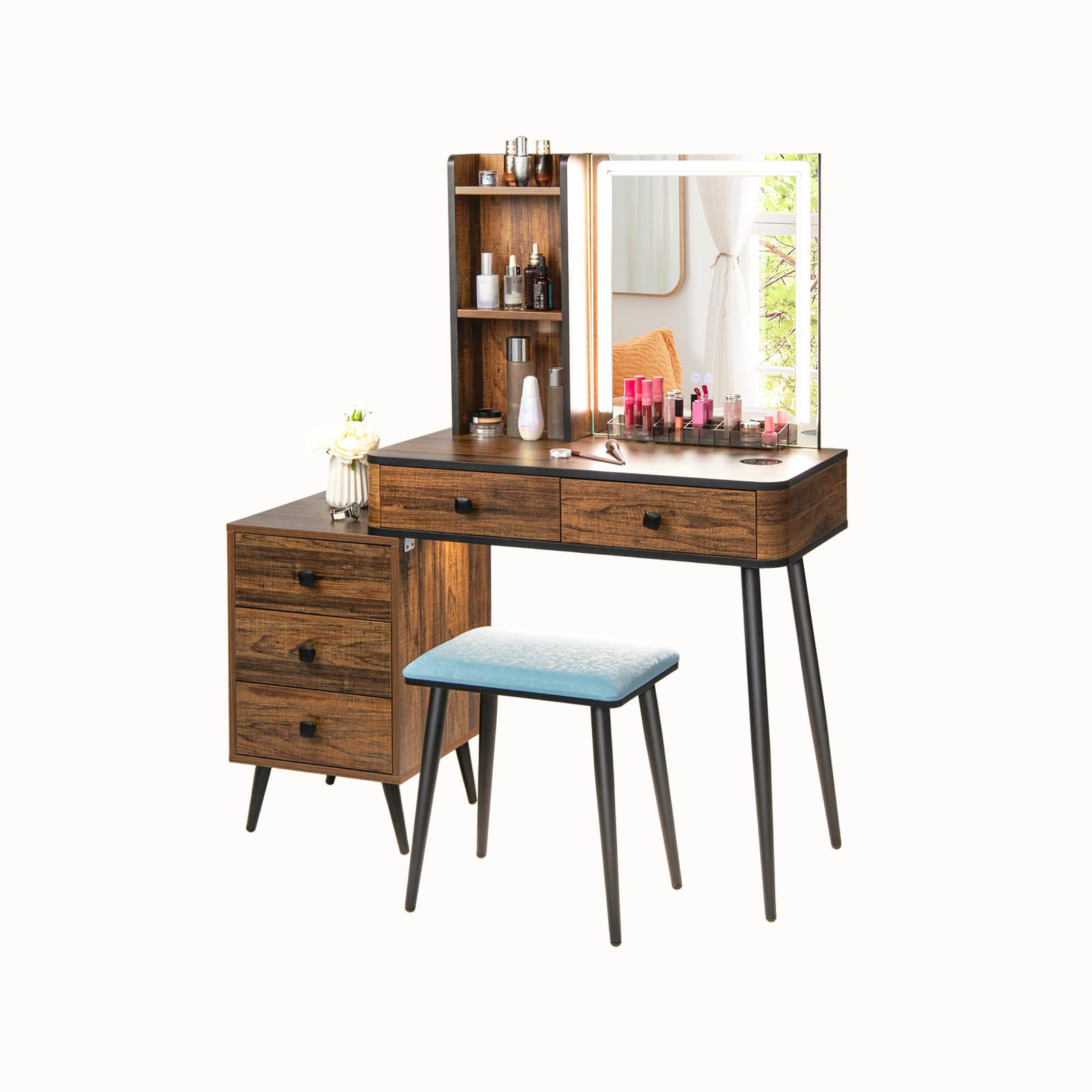Ellegnt Multifunctional Makeup Vanity/ dressing Table with 3-in-1 Charging Station for Bedroom