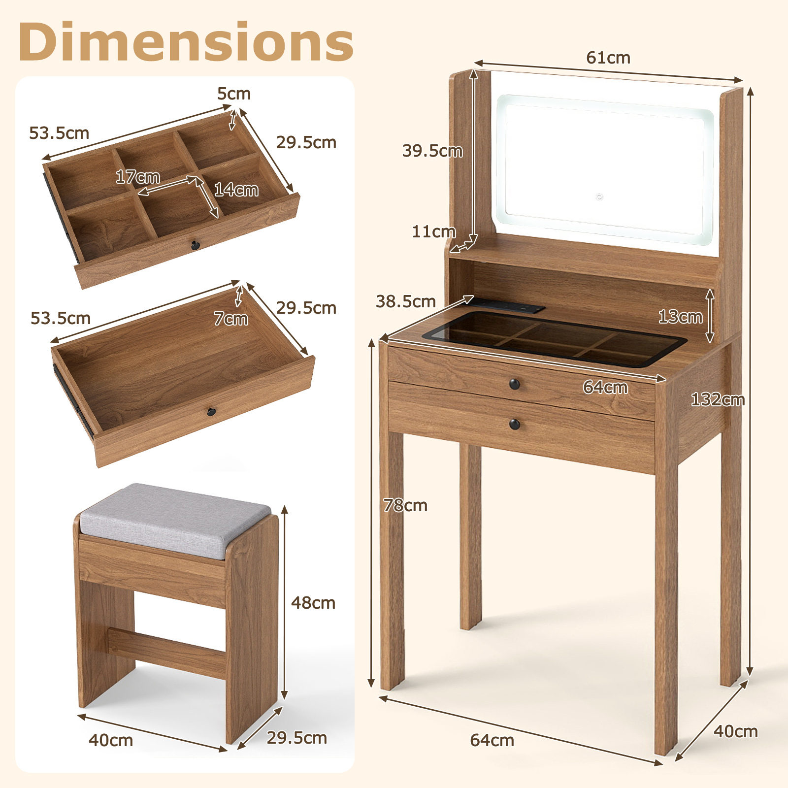 Vanity Desk with Power Outlets and 3 Color Lighting Modes for Bedroom