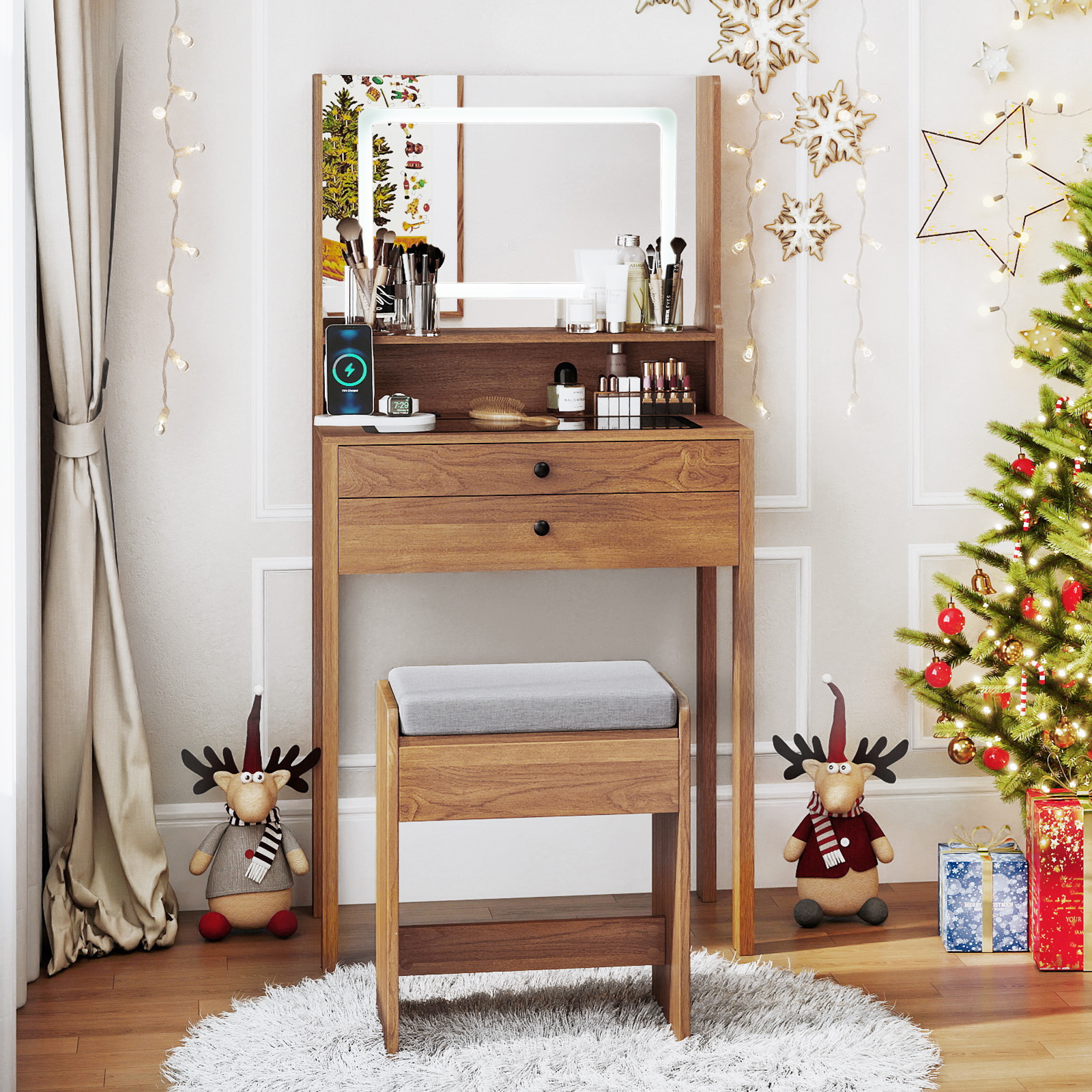 Vanity Desk with Power Outlets and 3 Color Lighting Modes for Bedroom