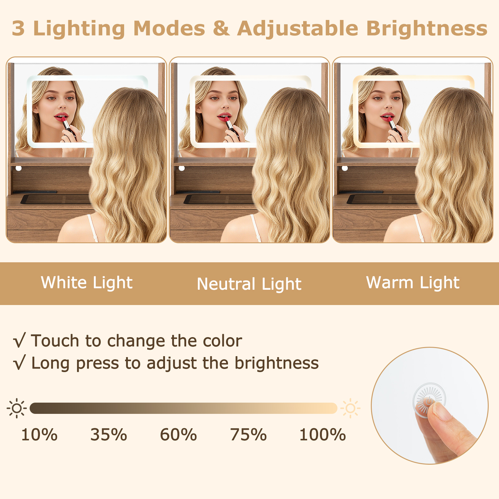 Vanity Desk with Power Outlets and 3 Color Lighting Modes for Bedroom