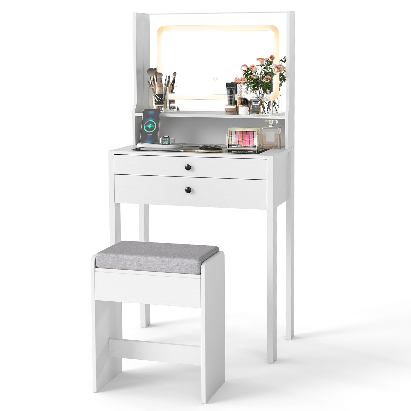 Vanity Desk with Power Outlets and 3 Color Lighting Modes for Bedroom