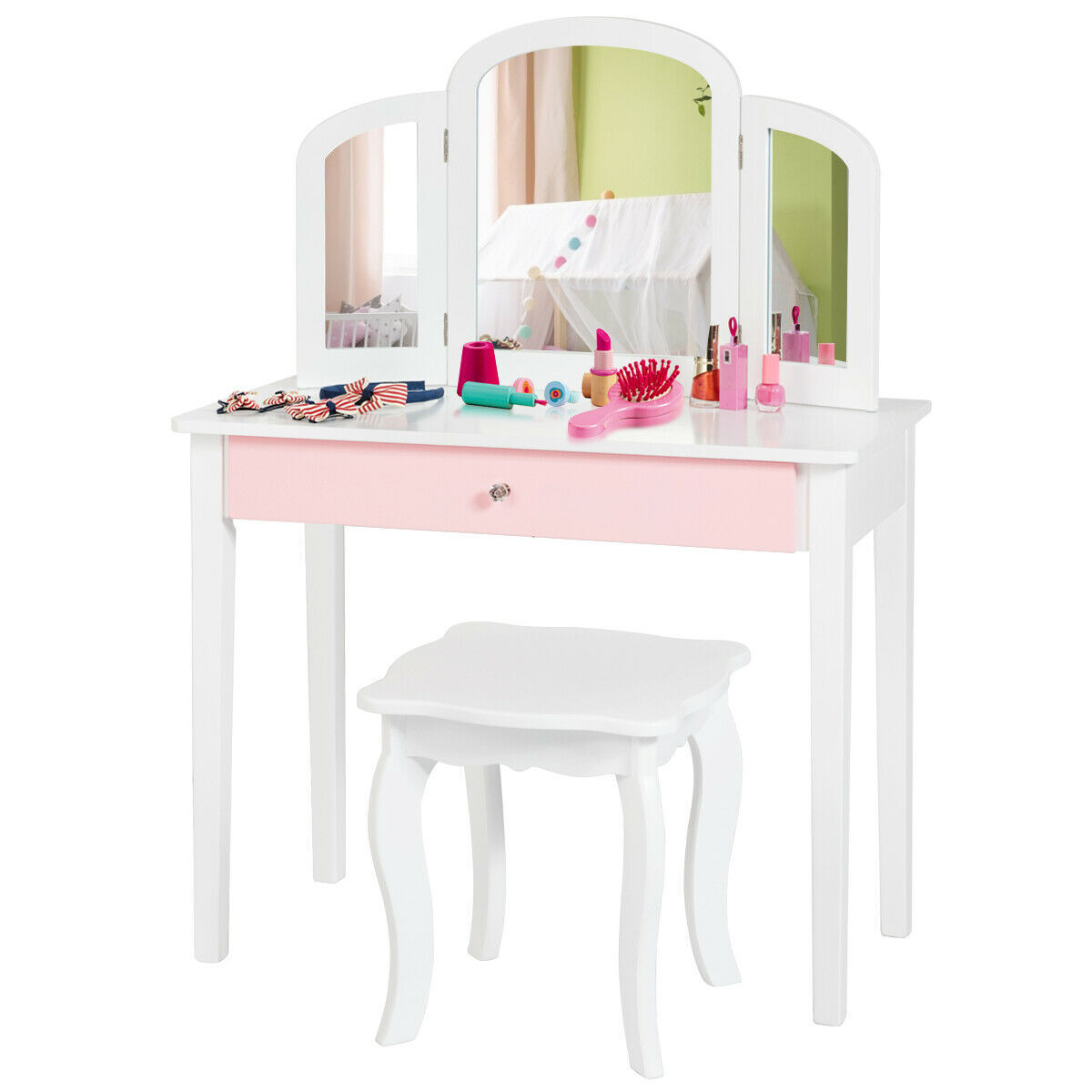 Ellegnt Kids Dressing Table/ Makeup Vanity Stool Set with Tri-folding 