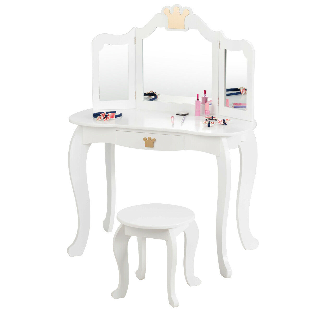 Ellegnt Kids Dressing Table/ Vanity Table and Chair Set with Mirror & Drawer
