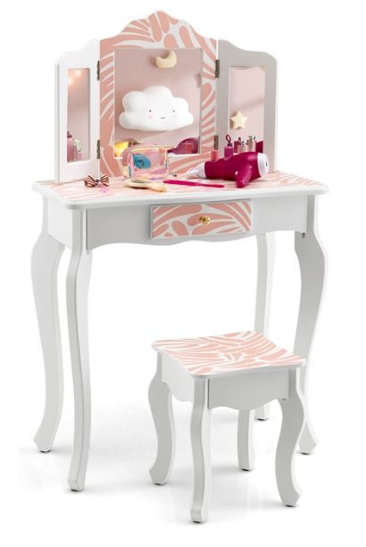 Ellegnt Kids Dressing Table/Vanity Set with Tri-folding Mirror, Drawer and Stool