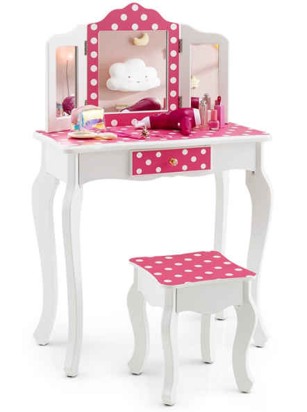 Ellegnt Kids Dressing Table/Vanity Set with Tri-folding Mirror, Drawer